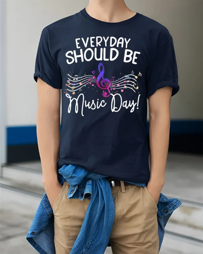Everyday Should Be Music Day T-Shirt Colorful Music - model wearing navy shirt, hands in pockets