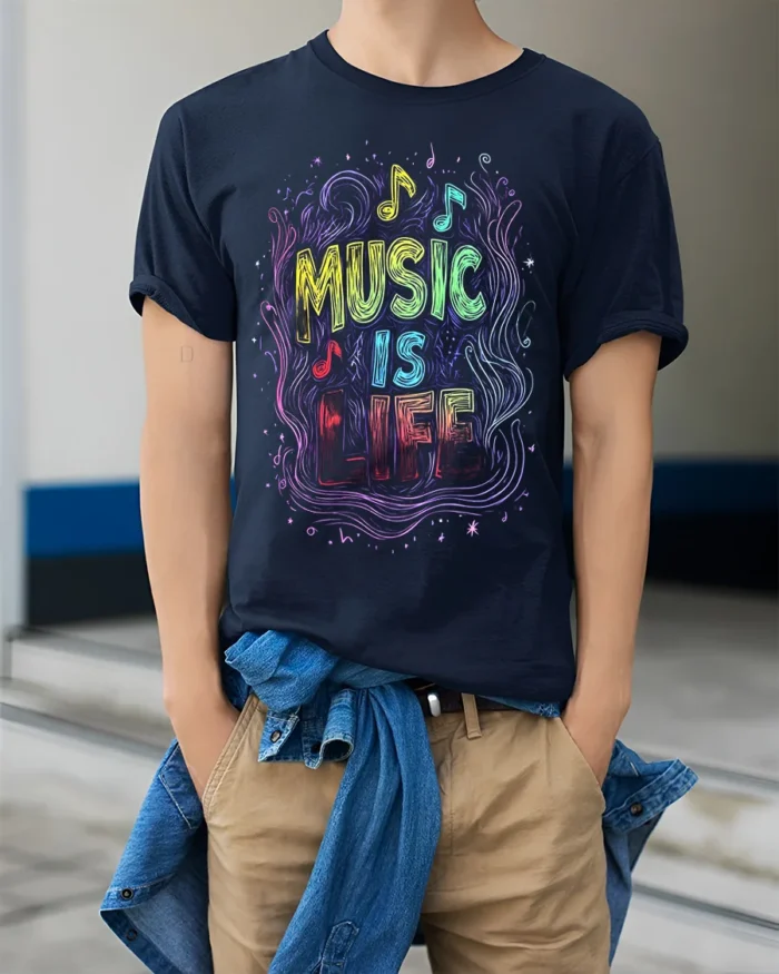 Music Is Life T-Shirt Colorful Neon Style Music Lover - model wearing navy shirt, hands in pockets