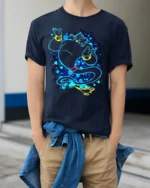 Magic Genie T-Shirt Blue Neon Cartoon Lamp Graphic - model wearing navy shirt, hands in pockets