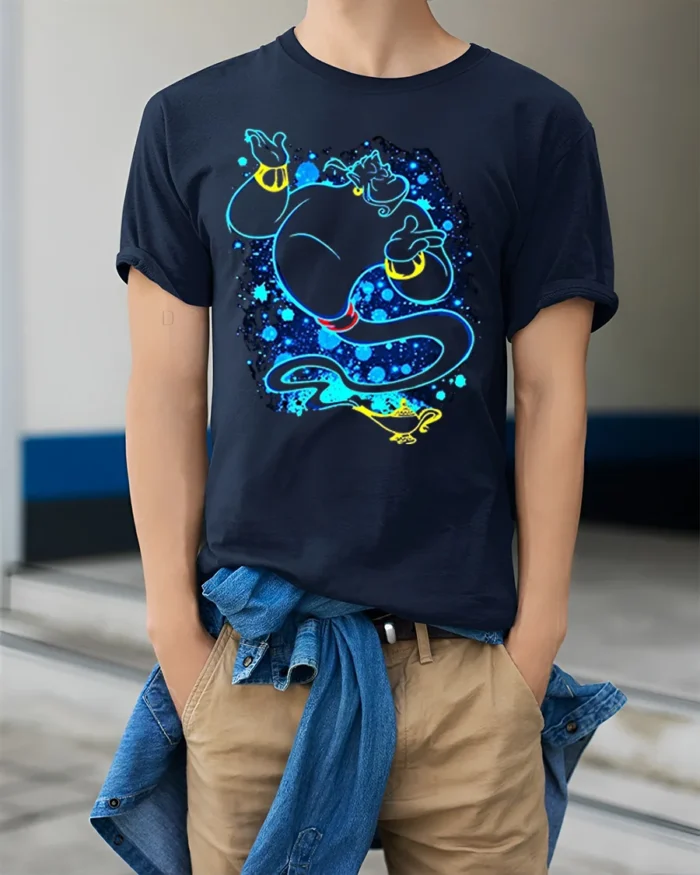 Magic Genie T-Shirt Blue Neon Cartoon Lamp Graphic - model wearing navy shirt, hands in pockets