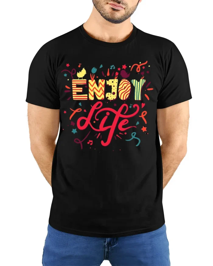 Enjoy Life Graphic T-Shirt Colorful Fun Positive Tee - model wearing black shirt, hands behind back