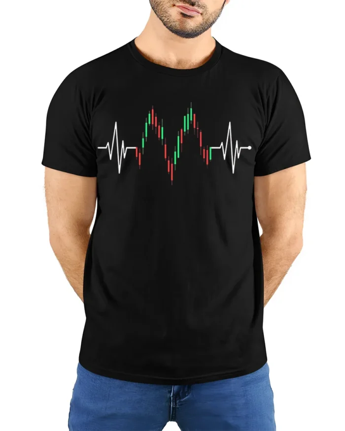 Heartbeat Trading T-Shirt Stock Market Candlestick - model wearing black shirt, hands behind back