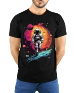 Retro Astronaut Spacewalk Galaxy Adventure T-Shirt - model wearing black shirt, hands behind back