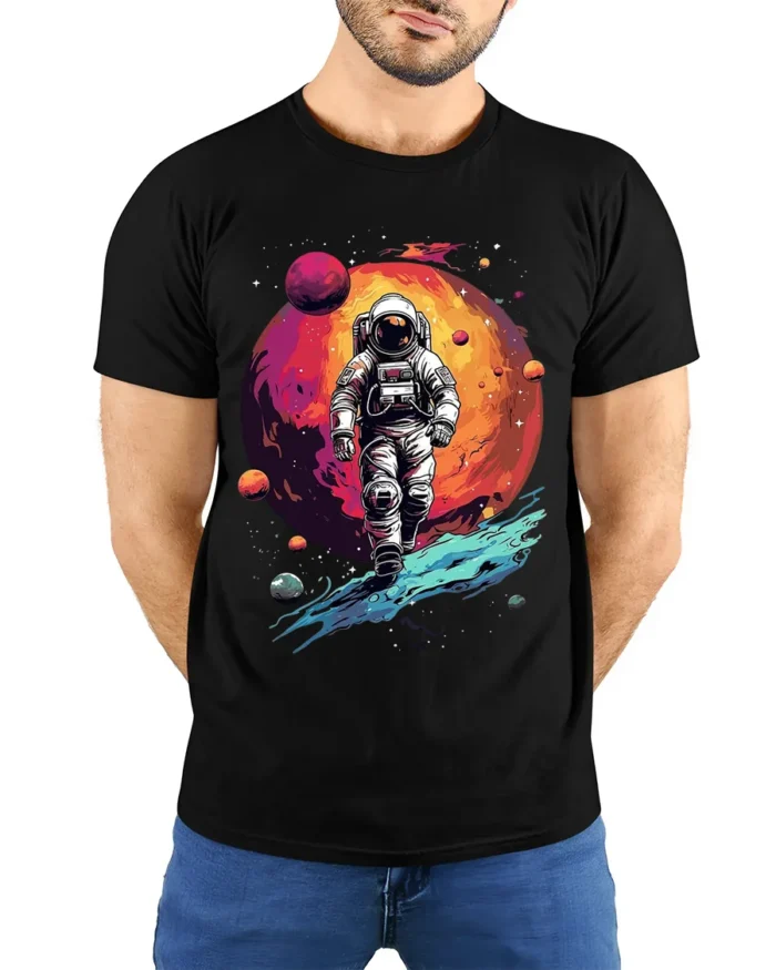 Retro Astronaut Spacewalk Galaxy Adventure T-Shirt - model wearing black shirt, hands behind back