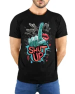 Shut Up Graffiti Style Bold Graphic Statement T-Shirt - model wearing black shirt, hands behind back