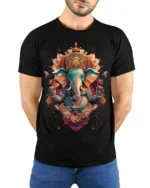 Colorful Lord Ganesha Hindu Art Spiritual T-Shirt Design - model wearing black shirt, hands behind back