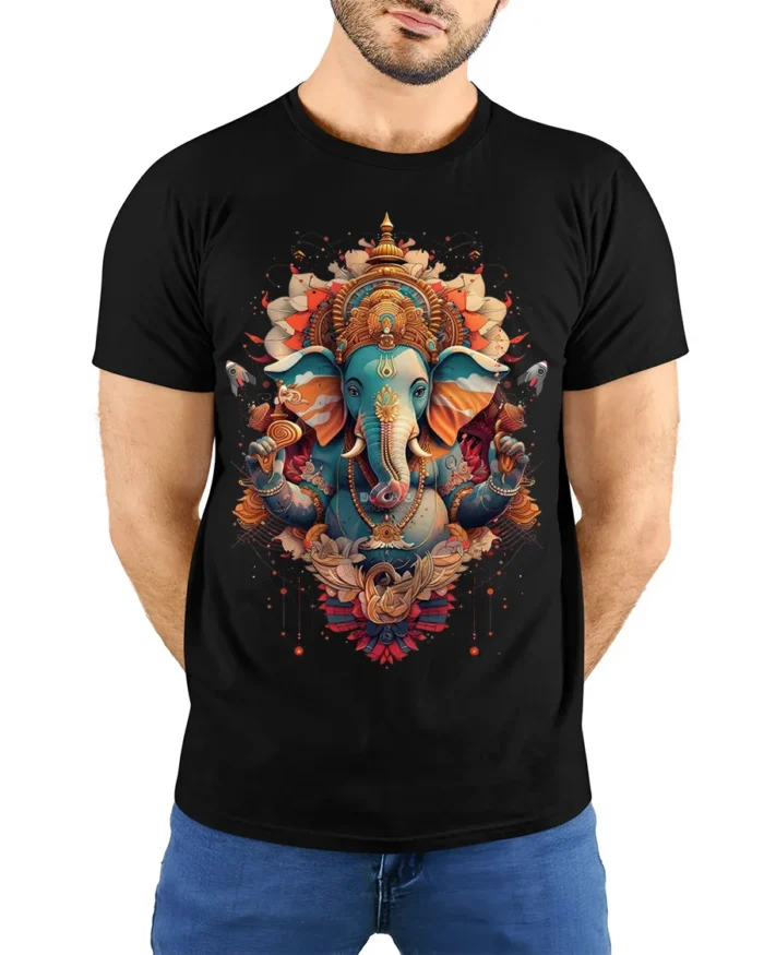 Colorful Lord Ganesha Hindu Art Spiritual T-Shirt Design - model wearing black shirt, hands behind back