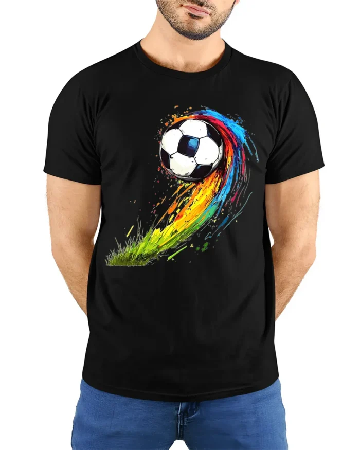 Color Splash Soccer Ball Graphic T-Shirt for Sports Fans - model wearing black shirt, hands behind back
