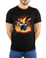 Drum Set on Fire T-Shirt Cool Rock Music Graphic - model wearing black shirt, hands behind back