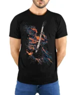 Flaming Guitarist T-Shirt Electric Fire Music Graphic - model wearing black shirt, hands behind back