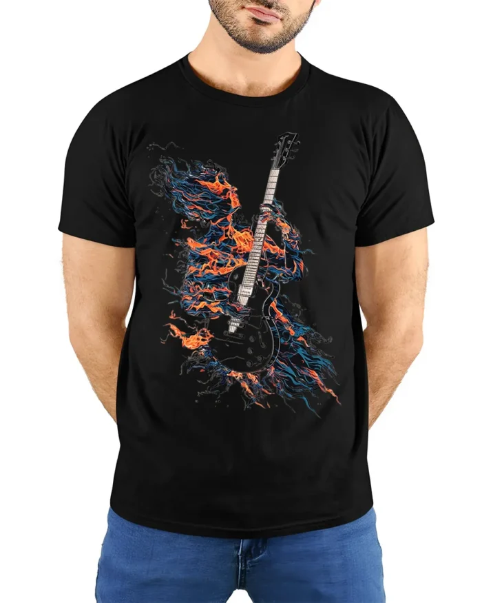 Flaming Guitarist T-Shirt Electric Fire Music Graphic - model wearing black shirt, hands behind back