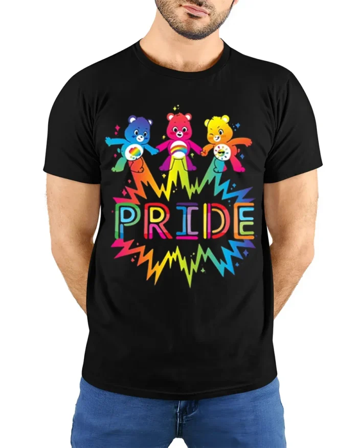 Cute Rainbow Bear Pride T-Shirt Colorful LGBTQ - model wearing black shirt, hands behind back