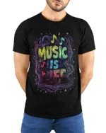Music Is Life T-Shirt Colorful Neon Style Music Lover - model wearing black shirt, hands behind back
