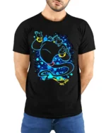 Magic Genie T-Shirt Blue Neon Cartoon Lamp Graphic - model wearing black shirt, hands behind back