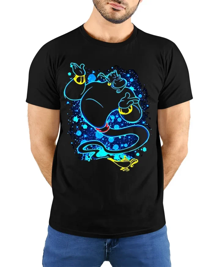 Magic Genie T-Shirt Blue Neon Cartoon Lamp Graphic - model wearing black shirt, hands behind back