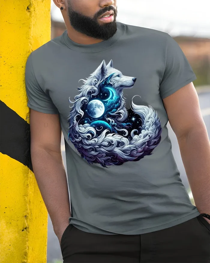 Mystic Wolf Moon Galaxy Spirit Animal Graphic T-Shirt - model in grey shirt leaning against column