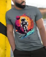 Retro Astronaut Spacewalk Galaxy Adventure T-Shirt - model in grey shirt leaning against column