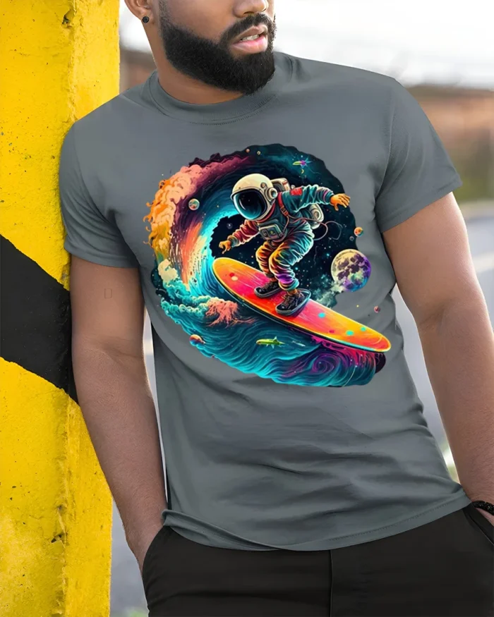 Astronaut Surfing Space Wave Retro Galaxy T-Shirt - model in grey shirt leaning against column