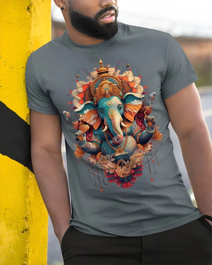 Colorful Lord Ganesha Hindu Art Spiritual T-Shirt Design - model in grey shirt leaning against column