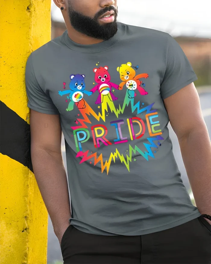 Cute Rainbow Bear Pride T-Shirt Colorful LGBTQ - model in grey shirt leaning against column