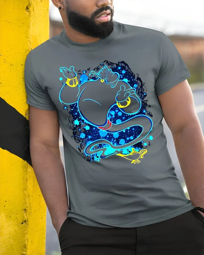 Magic Genie T-Shirt Blue Neon Cartoon Lamp Graphic - model in grey shirt leaning against column