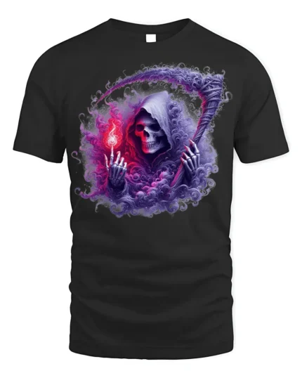Grim Reaper Flame Skull T-Shirt Gothic Horror Tee Art - black t-shirt on white background