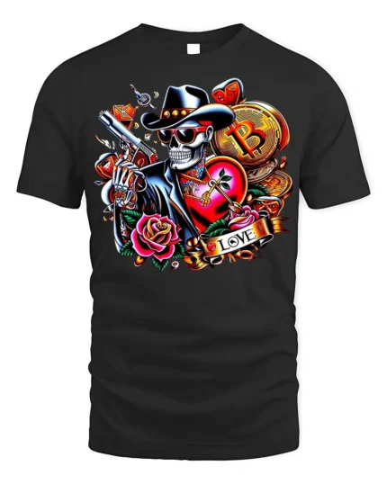 Crypto Cowboy Skeleton T-Shirt Tattoo Style Bitcoin - black t-shirt on white background