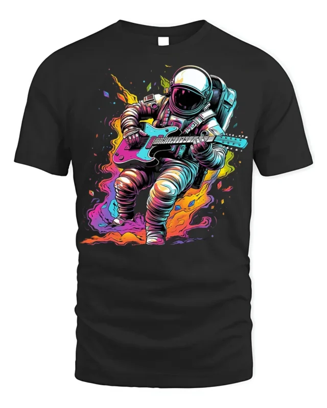 Astronaut Guitar Blast T-Shirt Space Rock Style - black t-shirt on white background