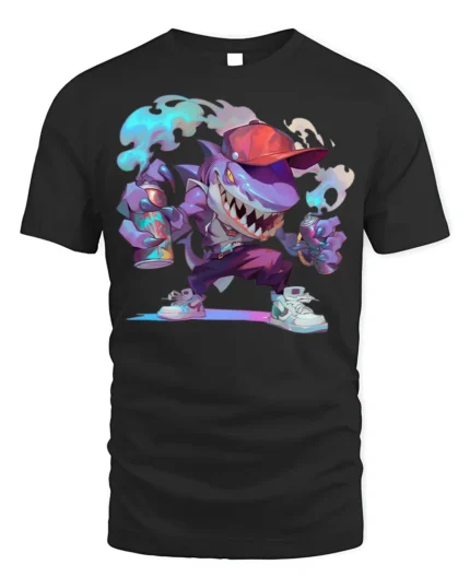 Street Shark Graffiti T-Shirt Urban Cartoon Style Tee - black t-shirt on white background
