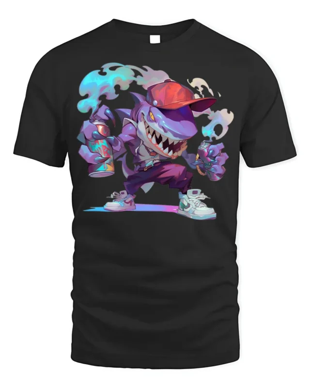 Street Shark Graffiti T-Shirt Urban Cartoon Style Tee - black t-shirt on white background