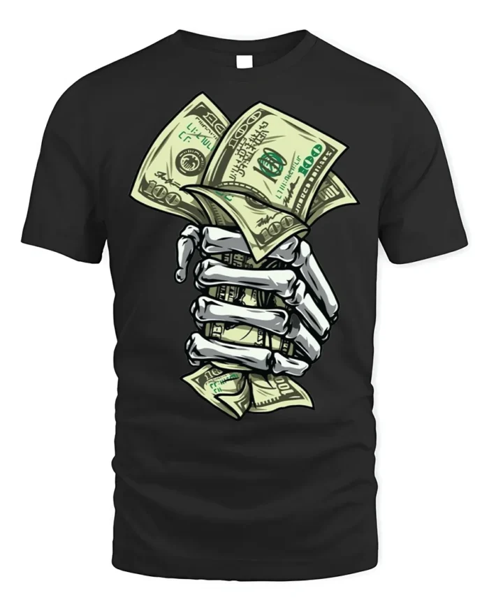 Skeleton Hand Money T-Shirt Street Hustle Graphic Tee - black t-shirt on white background