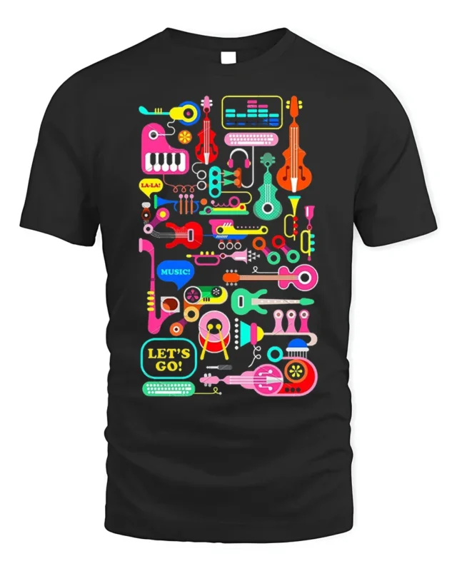 Colorful Music Instruments T-Shirt Fun Retro Music - black t-shirt on white background