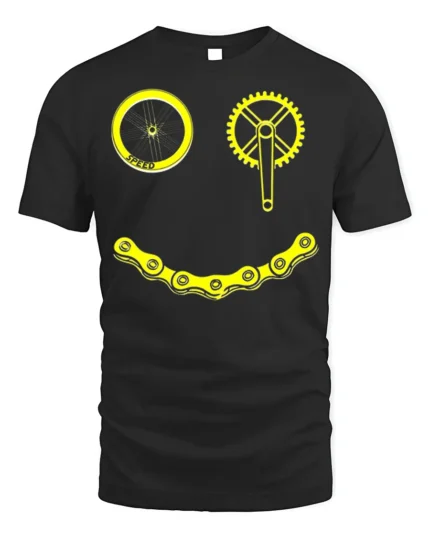 Smiley Bike Face T-Shirt Funny Cycling Chain Graphic - black t-shirt on white background