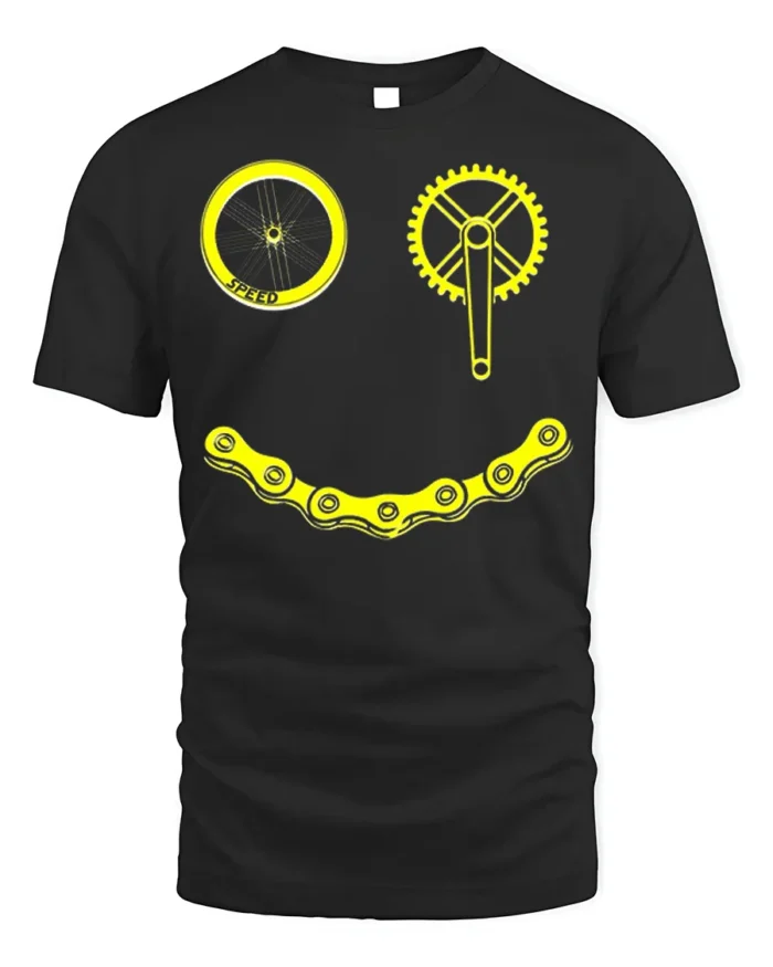 Smiley Bike Face T-Shirt Funny Cycling Chain Graphic - black t-shirt on white background
