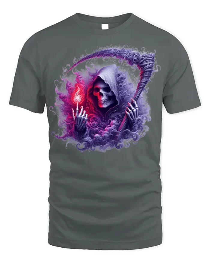 Grim Reaper Flame Skull T-Shirt Gothic Horror Tee Art - gray t-shirt on white background