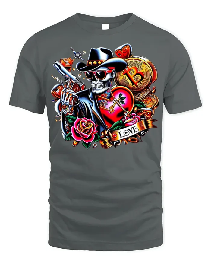 Crypto Cowboy Skeleton T-Shirt Tattoo Style Bitcoin - gray t-shirt on white background