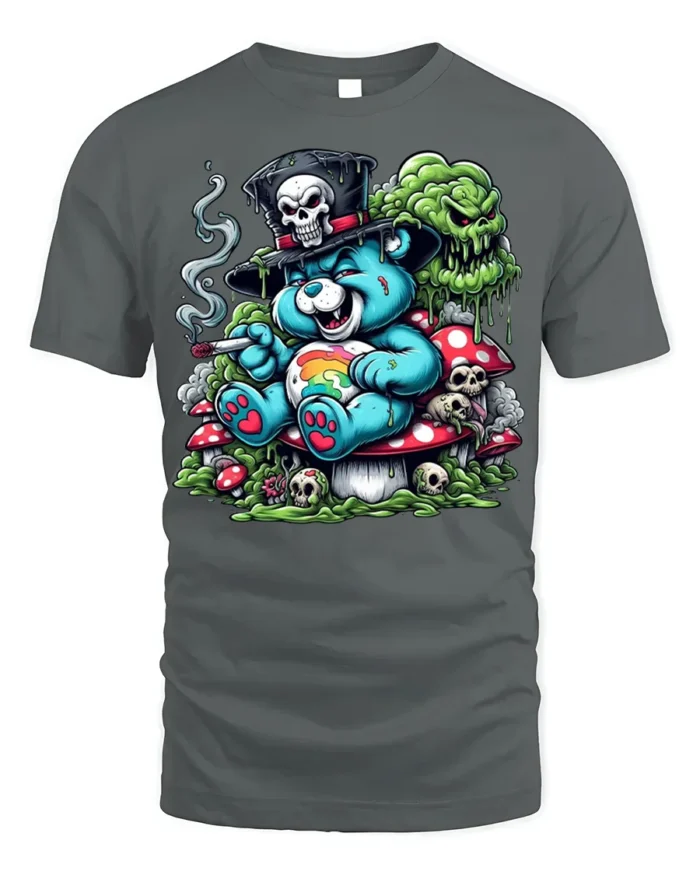 Trippy Bear Skull T-Shirt Psychedelic Dark Humor - gray t-shirt on white background