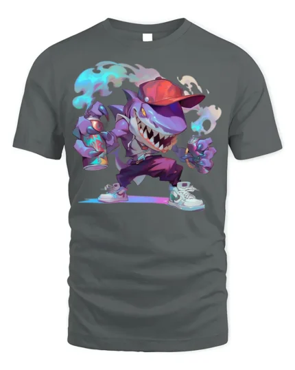 Street Shark Graffiti T-Shirt Urban Cartoon Style Tee - gray t-shirt on white background