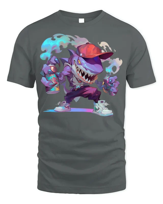 Street Shark Graffiti T-Shirt Urban Cartoon Style Tee - gray t-shirt on white background