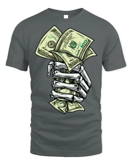 Skeleton Hand Money T-Shirt Street Hustle Graphic Tee - gray t-shirt on white background