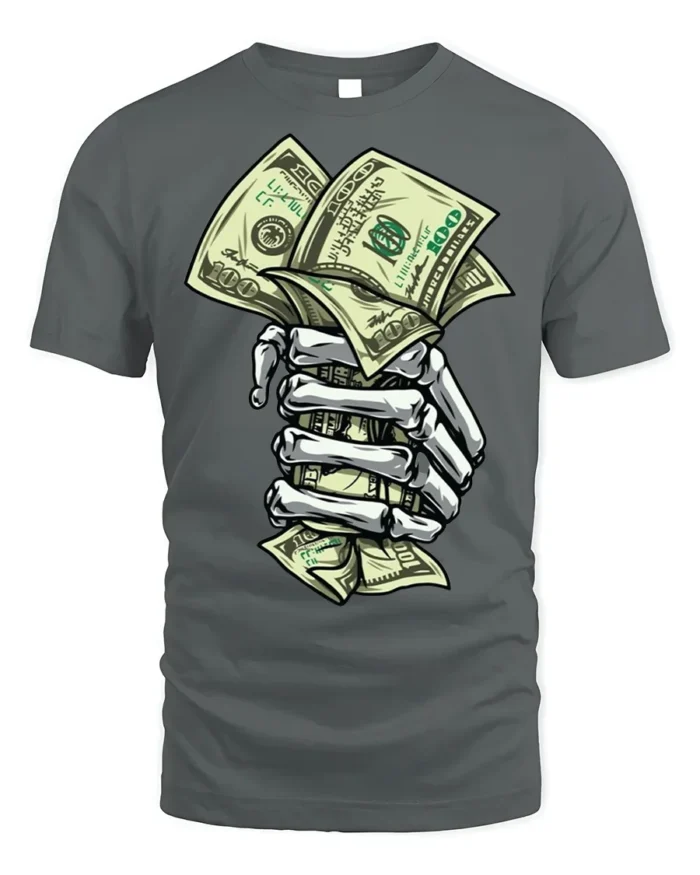 Skeleton Hand Money T-Shirt Street Hustle Graphic Tee - gray t-shirt on white background
