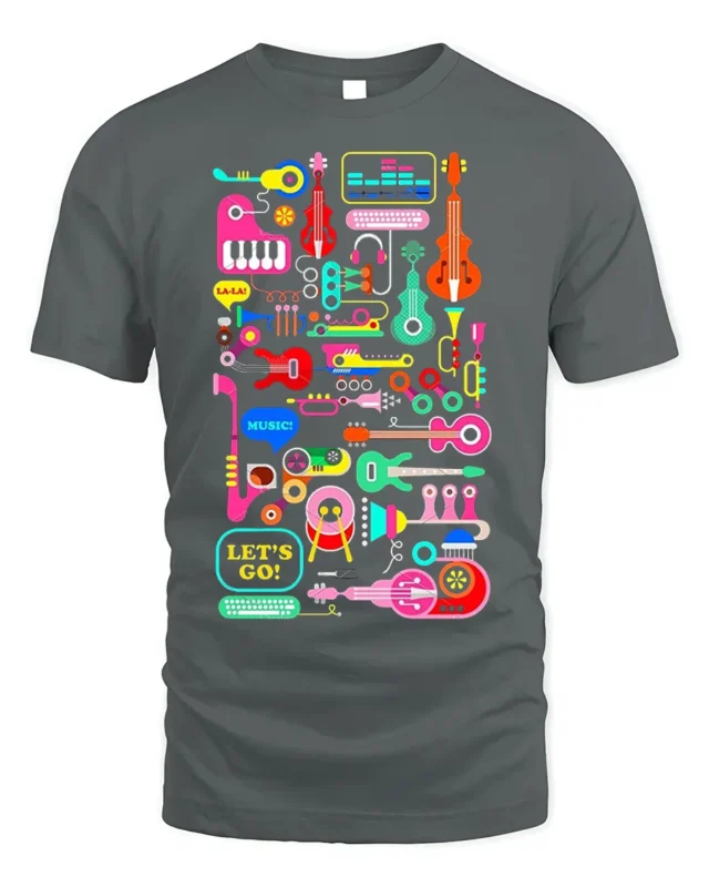 Colorful Music Instruments T-Shirt Fun Retro Music - gray t-shirt on white background