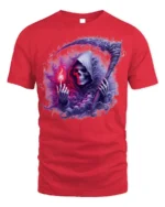 Grim Reaper Flame Skull T-Shirt Gothic Horror Tee Art - red t-shirt on white background