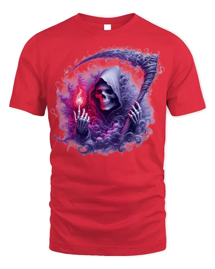 Grim Reaper Flame Skull T-Shirt Gothic Horror Tee Art - red t-shirt on white background