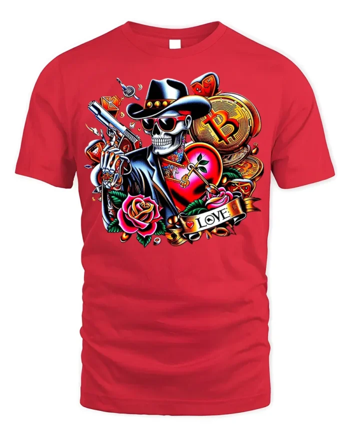 Crypto Cowboy Skeleton T-Shirt Tattoo Style Bitcoin - red t-shirt on white background