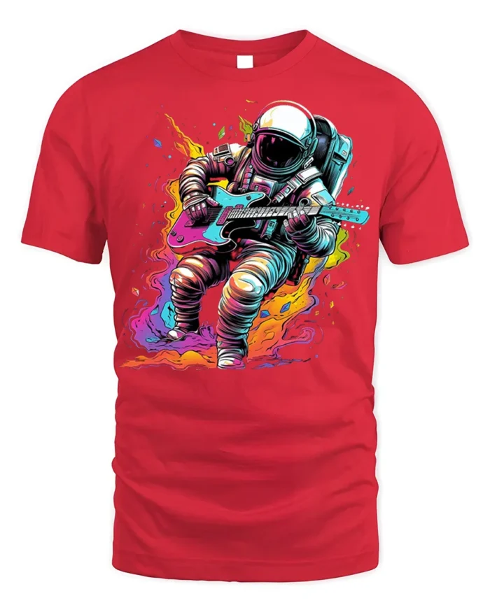 Astronaut Guitar Blast T-Shirt Space Rock Style - red t-shirt on white background