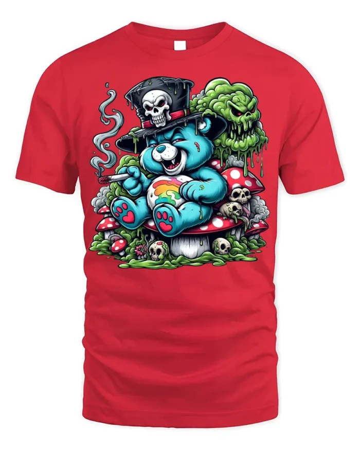 Trippy Bear Skull T-Shirt Psychedelic Dark Humor - red t-shirt on white background