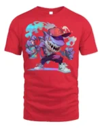 Street Shark Graffiti T-Shirt Urban Cartoon Style Tee - red t-shirt on white background