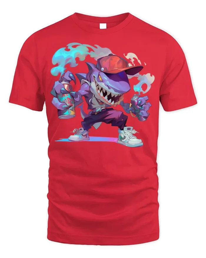 Street Shark Graffiti T-Shirt Urban Cartoon Style Tee - red t-shirt on white background