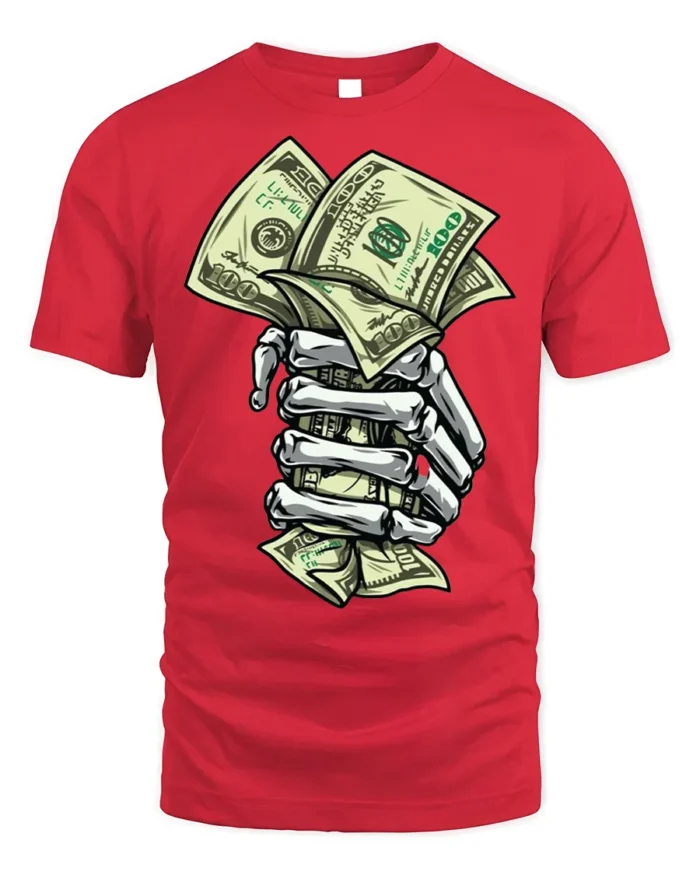 Skeleton Hand Money T-Shirt Street Hustle Graphic Tee - red t-shirt on white background